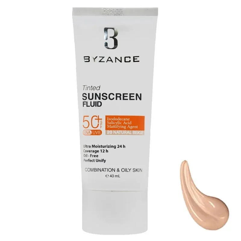 فلوئید ضد آفتاب رنگی SPF50 پوست چرب و مختلط بیزانس رنگ بژ طبییعی شماره 20